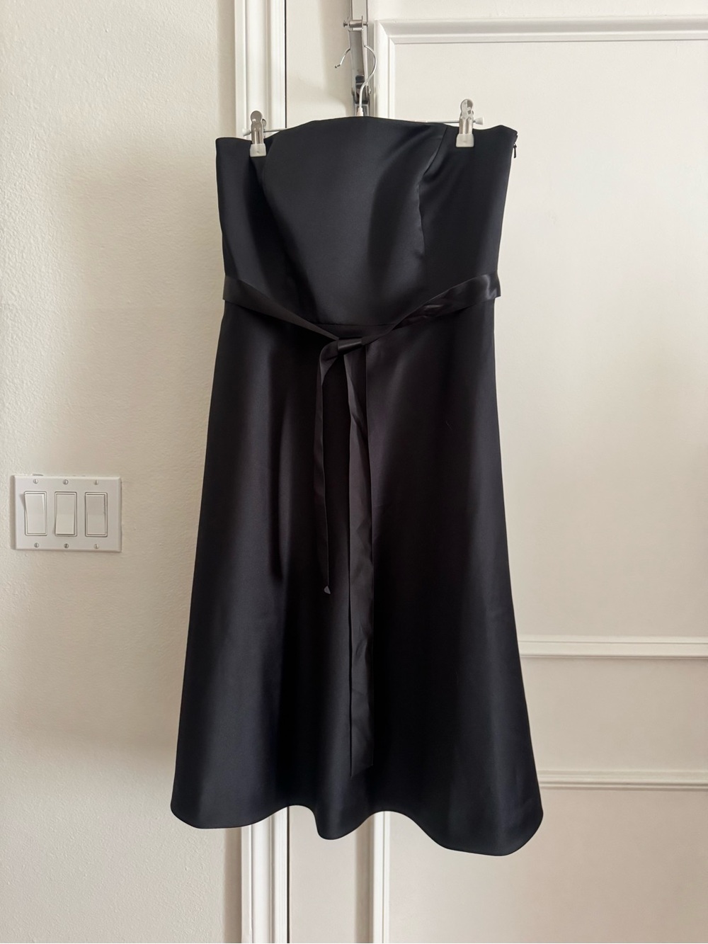 Ann Taylor Strapless Black Satin A-Line Dress with Waist Tie